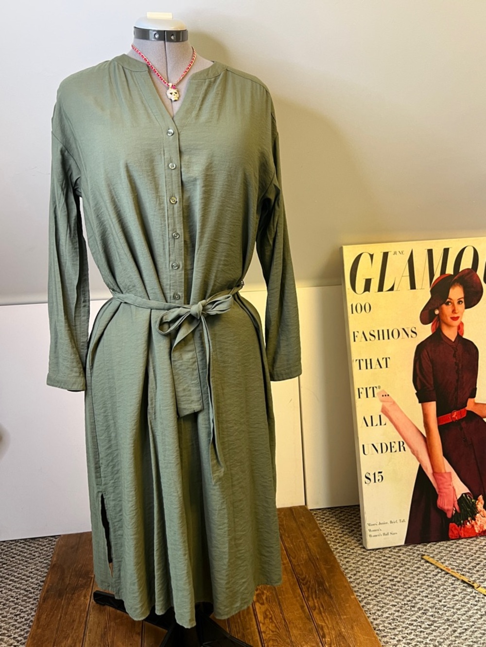 Banana Republic Olive Green Button-Front Tie-Waist Long Sleeve Dress size med